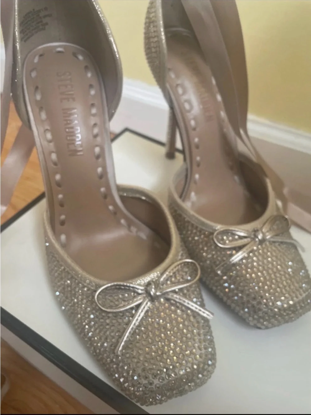 Steve Madden Rhinestone Champagne Heels with Ankle Ribbons